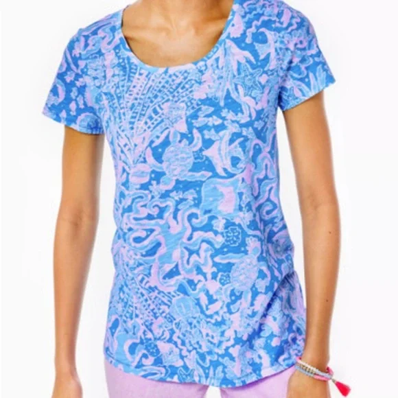 NWOT LILLY PULITZER BOCA BLUE SEA WHAT I SEA scoop neck Etta top size Large - Picture 1 of 5